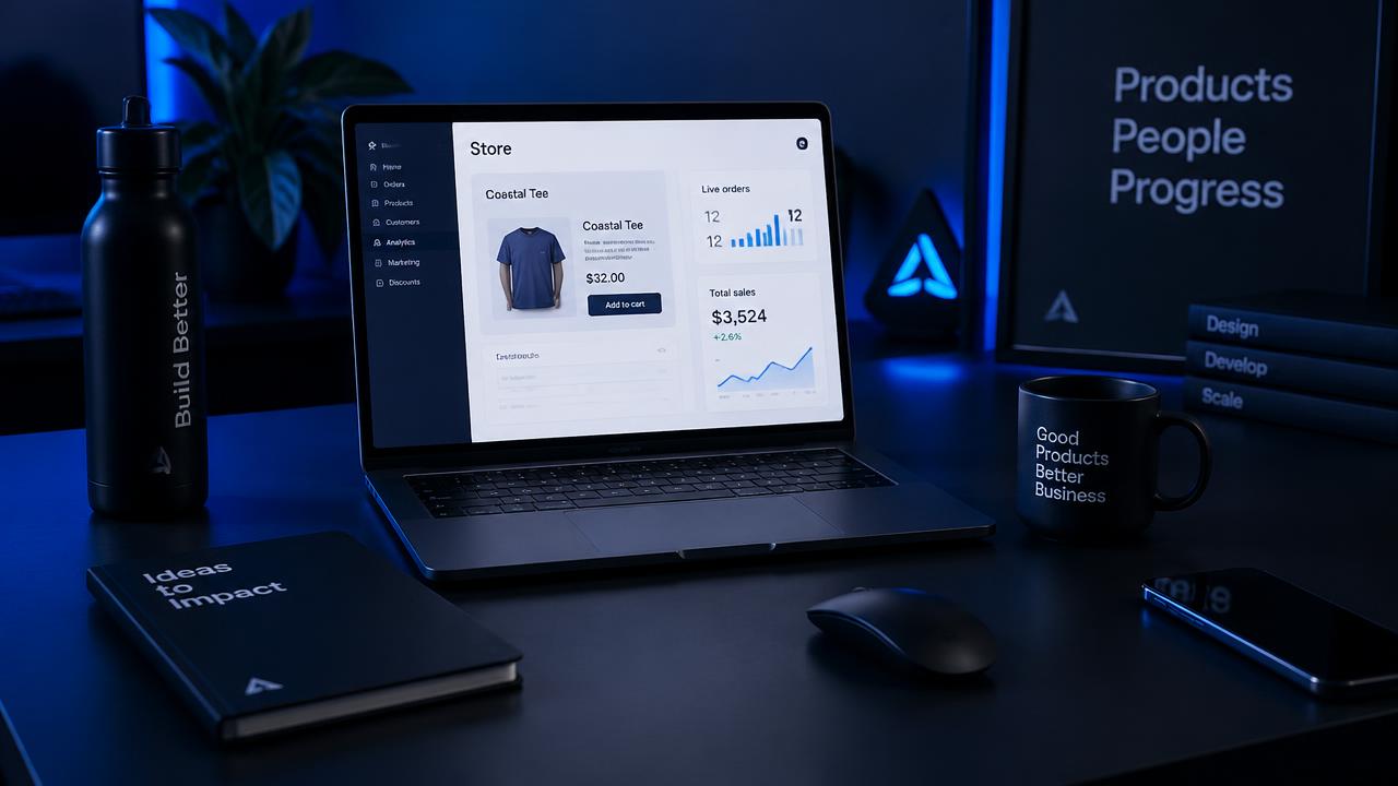 Laptop showing an online store dashboard on a dark desk