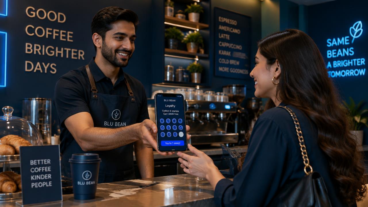 Barista showing a customer a digital loyalty stamp card on a smartphone in a modern café